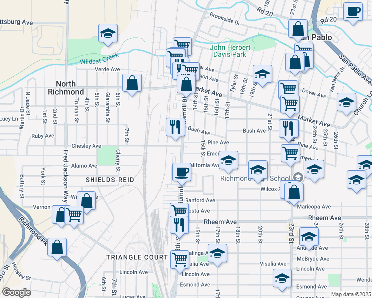 map of restaurants, bars, coffee shops, grocery stores, and more near 1454 Rumrill Boulevard in San Pablo