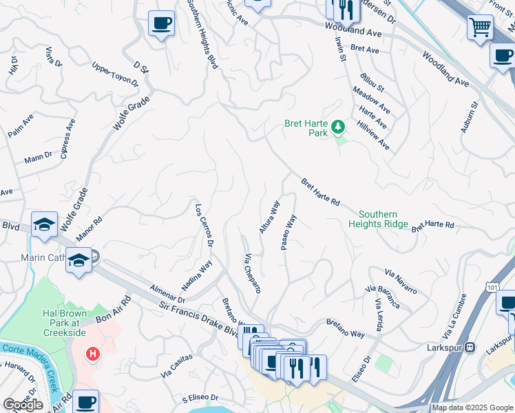 map of restaurants, bars, coffee shops, grocery stores, and more near 31 Cielo Drive in Larkspur