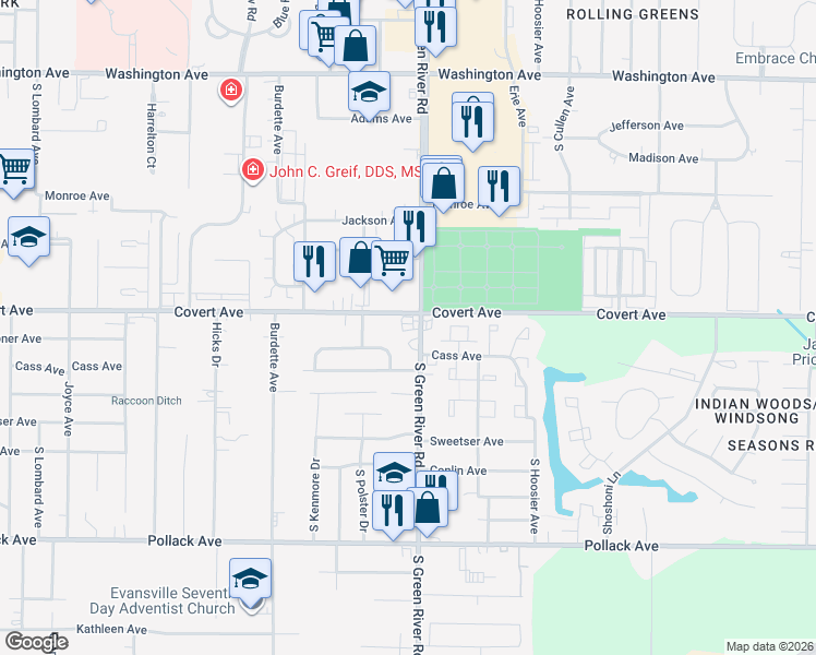 map of restaurants, bars, coffee shops, grocery stores, and more near 4753 Covert Avenue in Evansville