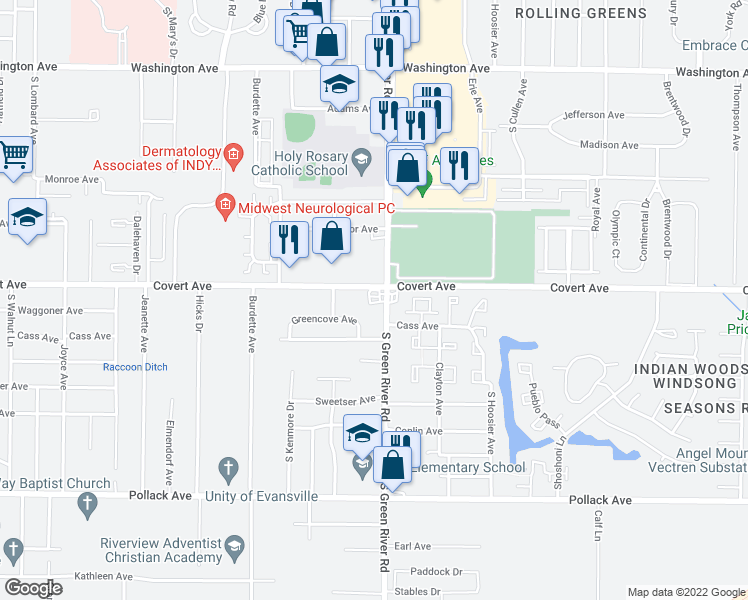 map of restaurants, bars, coffee shops, grocery stores, and more near 4749 Covert Avenue in Evansville