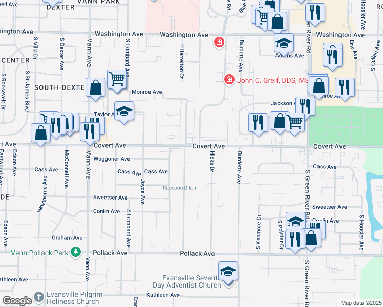 map of restaurants, bars, coffee shops, grocery stores, and more near 1614 Jeanette Avenue in Evansville
