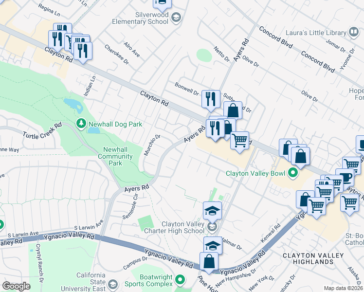map of restaurants, bars, coffee shops, grocery stores, and more near 1417 Garaventa Court in Concord