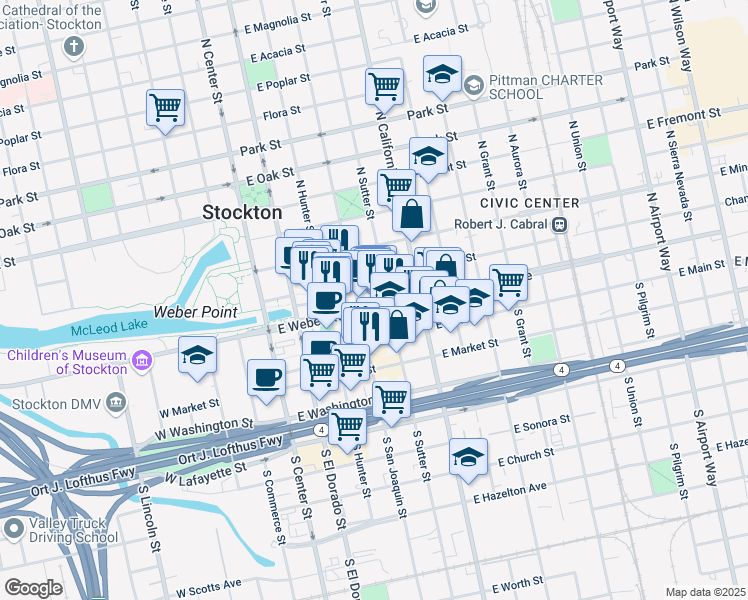 map of restaurants, bars, coffee shops, grocery stores, and more near 319 East Weber Avenue in Stockton