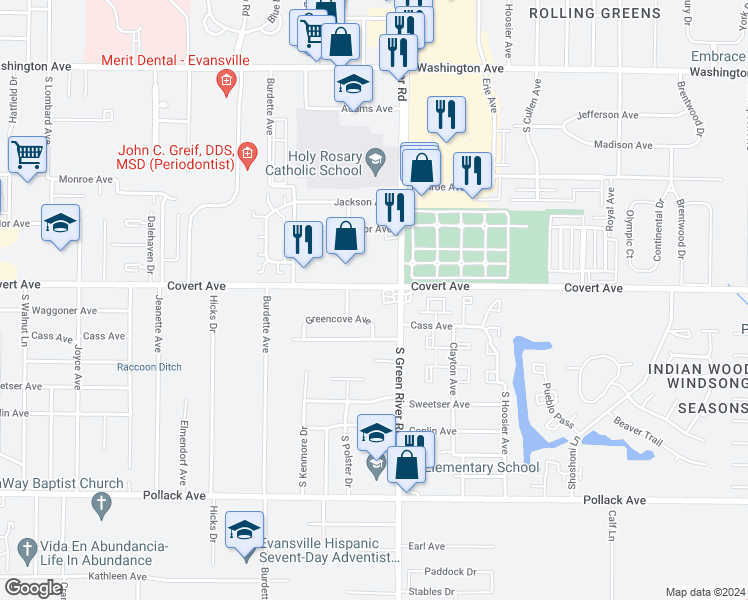 map of restaurants, bars, coffee shops, grocery stores, and more near 4689 Covert Avenue in Evansville