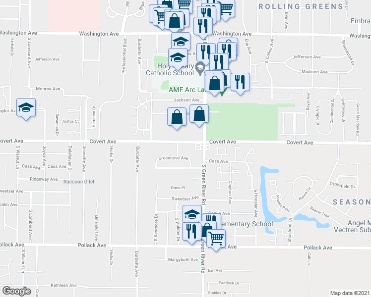 map of restaurants, bars, coffee shops, grocery stores, and more near 4631 Covert Avenue in Evansville