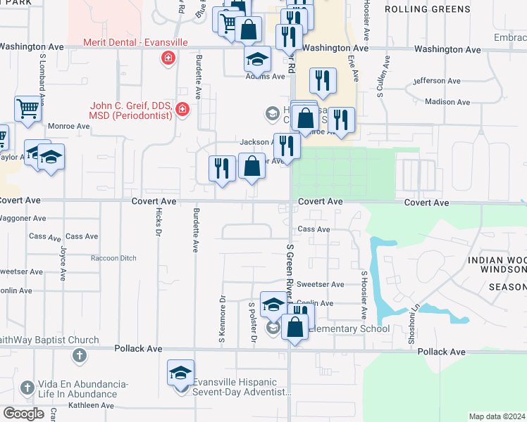 map of restaurants, bars, coffee shops, grocery stores, and more near 4611 Covert Avenue in Evansville