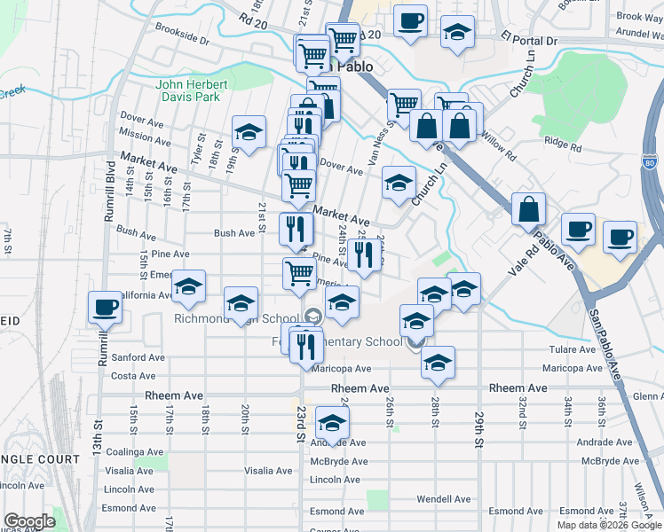 map of restaurants, bars, coffee shops, grocery stores, and more near 2358 Pine Ave in Richmond