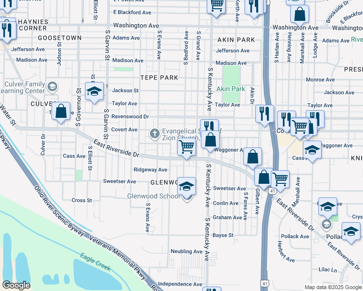 map of restaurants, bars, coffee shops, grocery stores, and more near 1623 South Bedford Avenue in Evansville