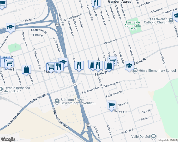 map of restaurants, bars, coffee shops, grocery stores, and more near 1009 South Olive Avenue in Stockton