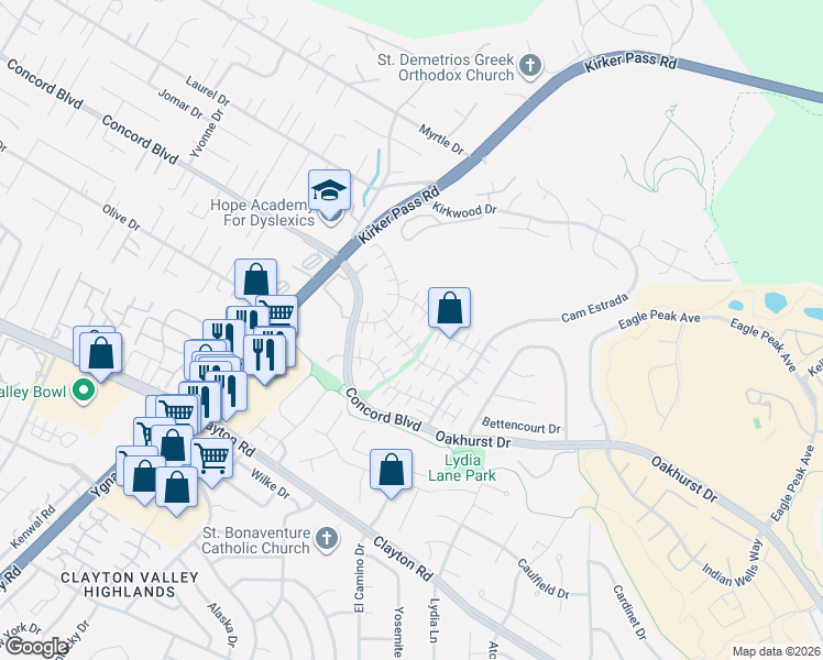map of restaurants, bars, coffee shops, grocery stores, and more near 5453 Anselmo Court in Concord