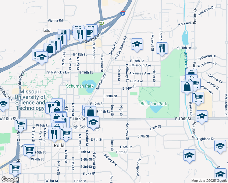 map of restaurants, bars, coffee shops, grocery stores, and more near 1306 Iowa Street in Rolla