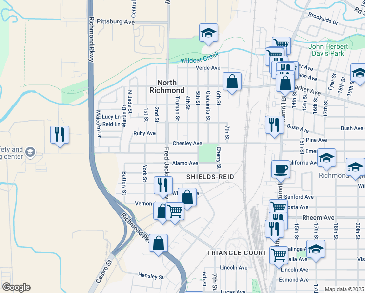 map of restaurants, bars, coffee shops, grocery stores, and more near 416 Chesley Avenue in Richmond