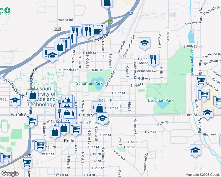 map of restaurants, bars, coffee shops, grocery stores, and more near 1307 Maple Street in Rolla