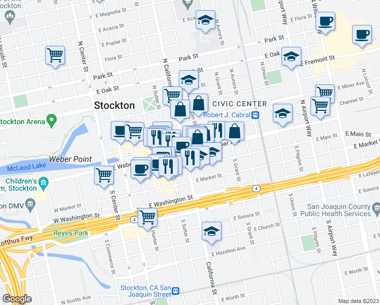 map of restaurants, bars, coffee shops, grocery stores, and more near 512 East Weber Avenue in Stockton