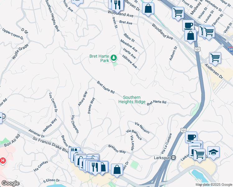 map of restaurants, bars, coffee shops, grocery stores, and more near Bret Harte Road in San Rafael