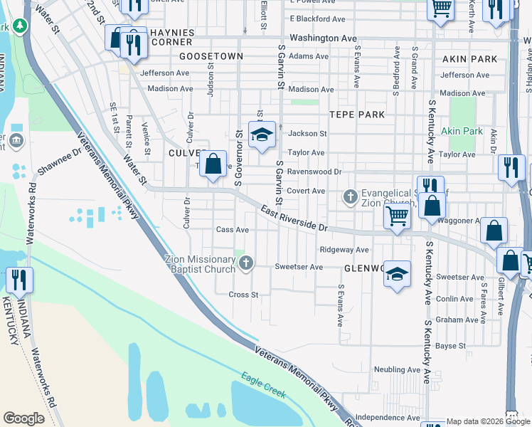map of restaurants, bars, coffee shops, grocery stores, and more near 513 East Riverside Drive in Evansville