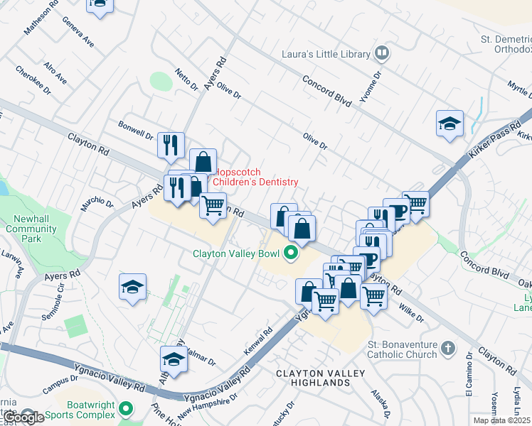 map of restaurants, bars, coffee shops, grocery stores, and more near 1501 Garcez Drive in Concord