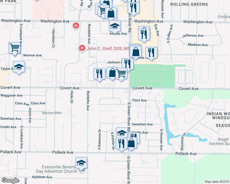 map of restaurants, bars, coffee shops, grocery stores, and more near 1610 South Polster Drive in Evansville