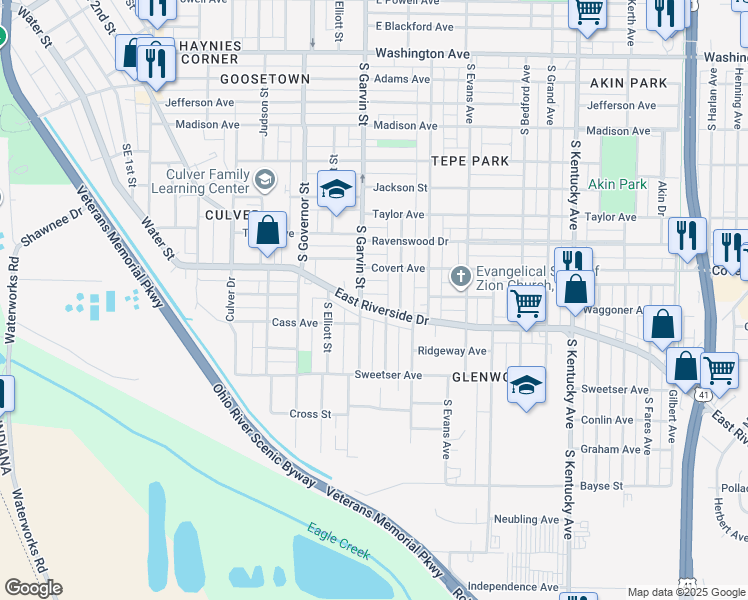 map of restaurants, bars, coffee shops, grocery stores, and more near 608 East Riverside Drive in Evansville