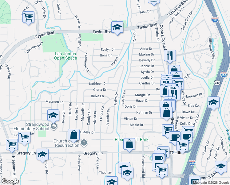 map of restaurants, bars, coffee shops, grocery stores, and more near 265 Gloria Drive in Pleasant Hill