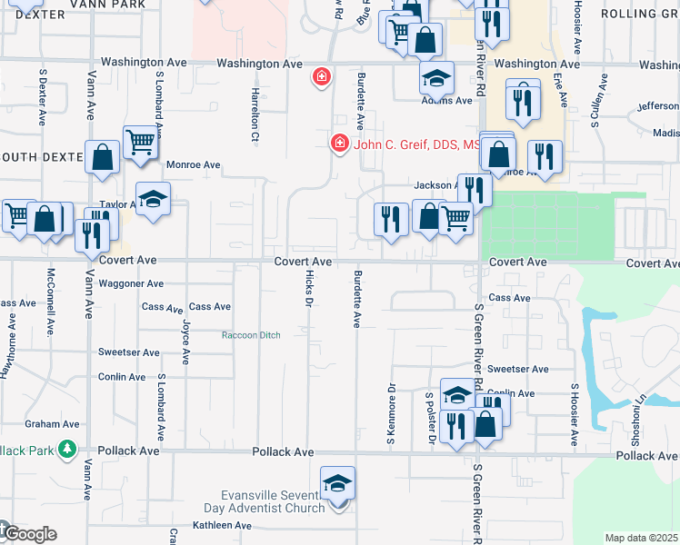 map of restaurants, bars, coffee shops, grocery stores, and more near 4209 Covert Avenue in Evansville