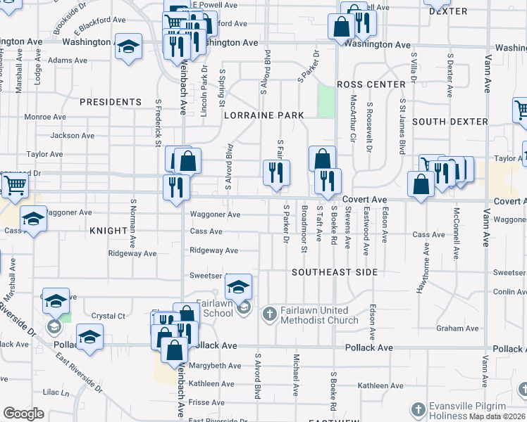 map of restaurants, bars, coffee shops, grocery stores, and more near 2148 Waggoner Avenue in Evansville