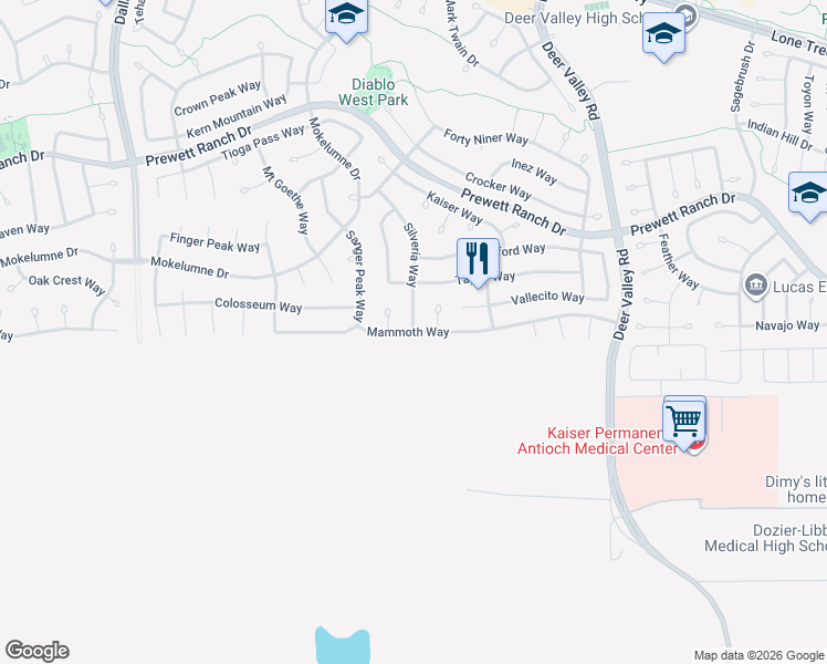 map of restaurants, bars, coffee shops, grocery stores, and more near Mammoth Way & Silveria Way in Antioch