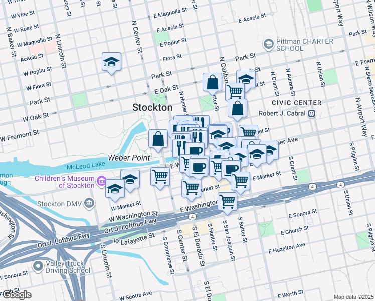 map of restaurants, bars, coffee shops, grocery stores, and more near 130 North El Dorado Street in Stockton