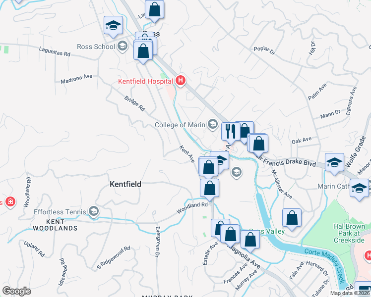 map of restaurants, bars, coffee shops, grocery stores, and more near 190 Kent Avenue in Kentfield