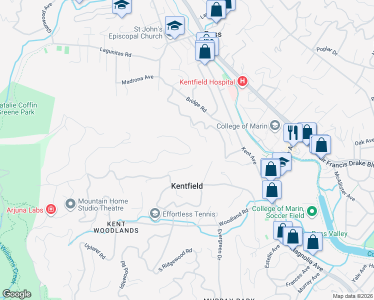 map of restaurants, bars, coffee shops, grocery stores, and more near 65 Rock Road in Kentfield