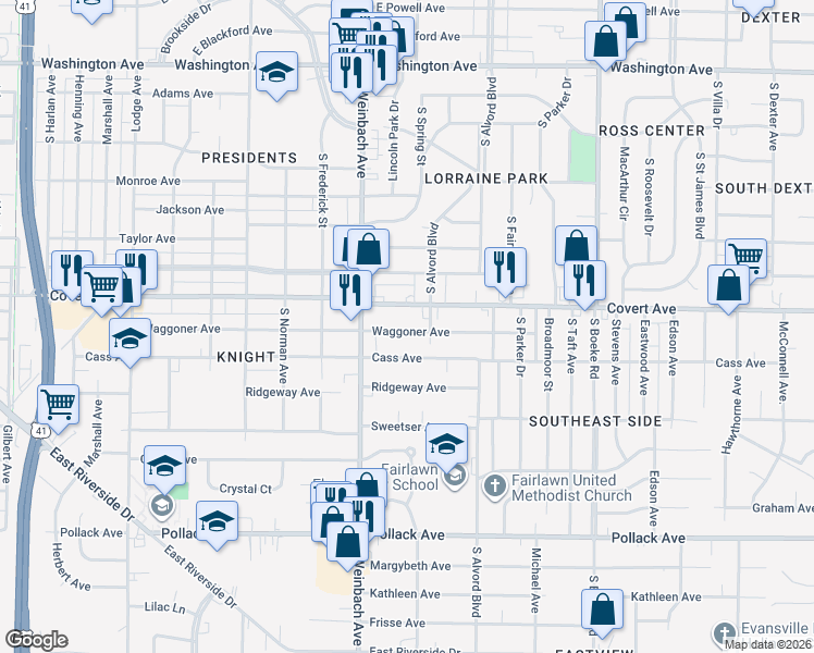 map of restaurants, bars, coffee shops, grocery stores, and more near 2054 Waggoner Avenue in Evansville
