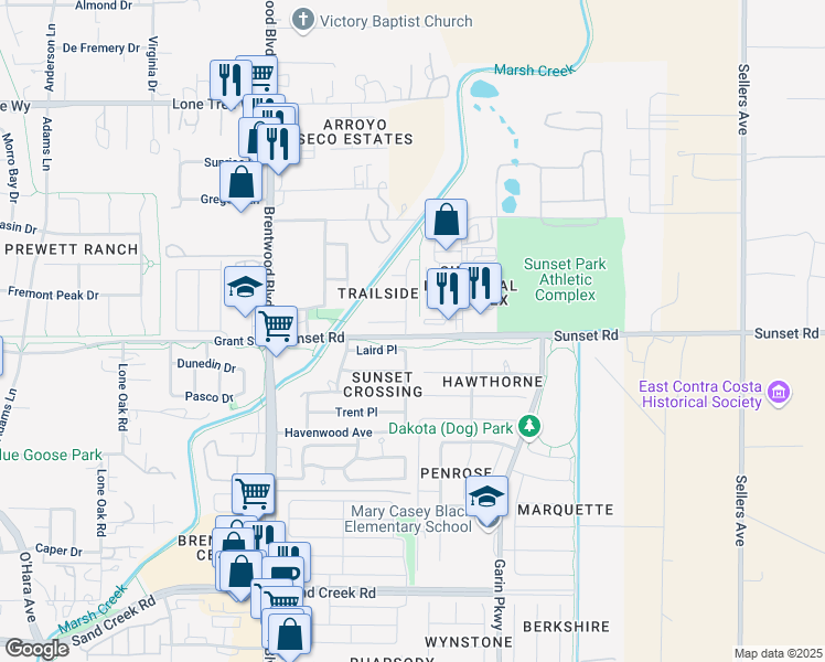 map of restaurants, bars, coffee shops, grocery stores, and more near 2002 Trailside Drive in Brentwood