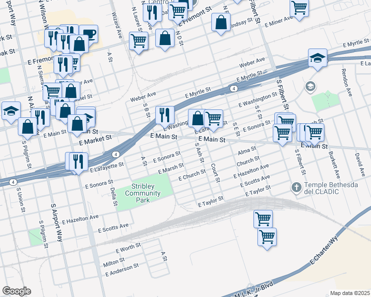 map of restaurants, bars, coffee shops, grocery stores, and more near 2123 East Sonora Street in Stockton