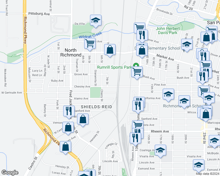 map of restaurants, bars, coffee shops, grocery stores, and more near 802 Chesley Avenue in Richmond