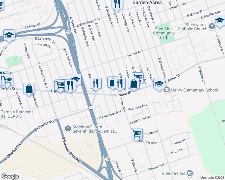 map of restaurants, bars, coffee shops, grocery stores, and more near 1009 South Olive Avenue in Stockton