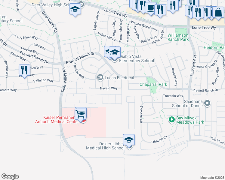 map of restaurants, bars, coffee shops, grocery stores, and more near 5324 Navajo Way in Antioch