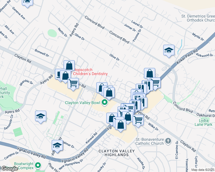 map of restaurants, bars, coffee shops, grocery stores, and more near 5267 Clayton Road in Concord