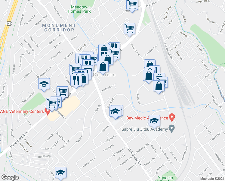 map of restaurants, bars, coffee shops, grocery stores, and more near 2039 Sierra Road in Concord