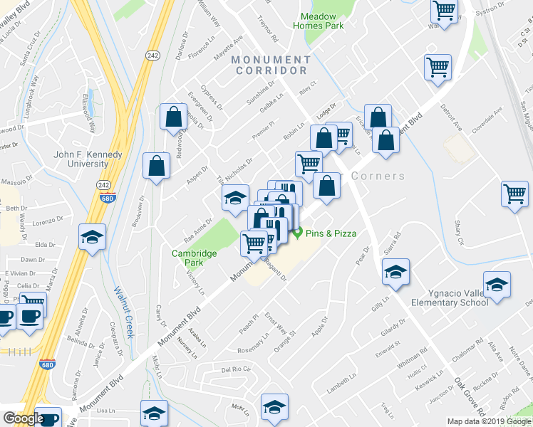 map of restaurants, bars, coffee shops, grocery stores, and more near 1124 Lacey Lane in Concord