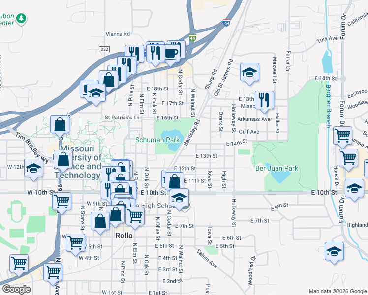 map of restaurants, bars, coffee shops, grocery stores, and more near 501 East 13th Street in Rolla
