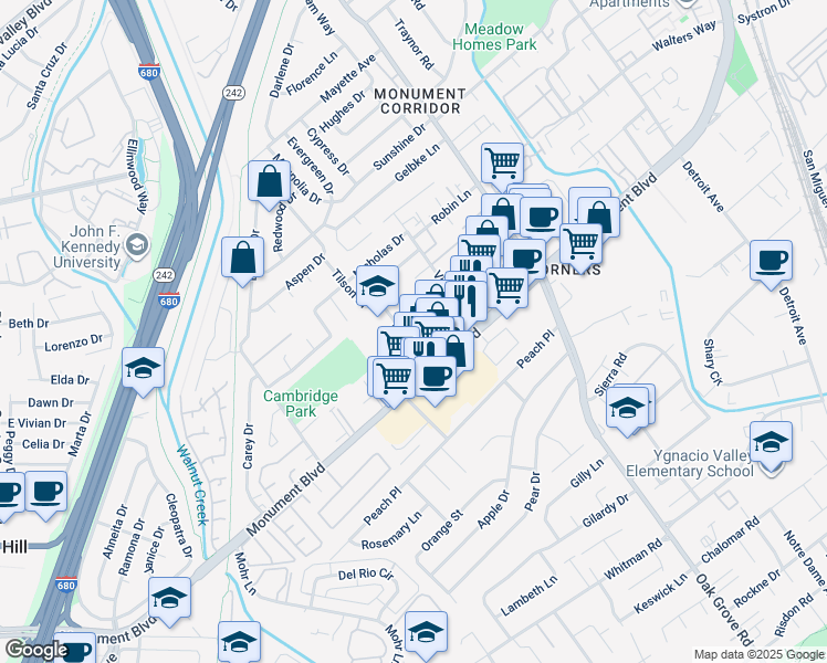 map of restaurants, bars, coffee shops, grocery stores, and more near 1601 Frisbie Court in Concord