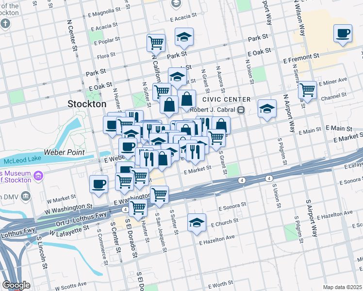 map of restaurants, bars, coffee shops, grocery stores, and more near 524 E Weber Ave in Stockton