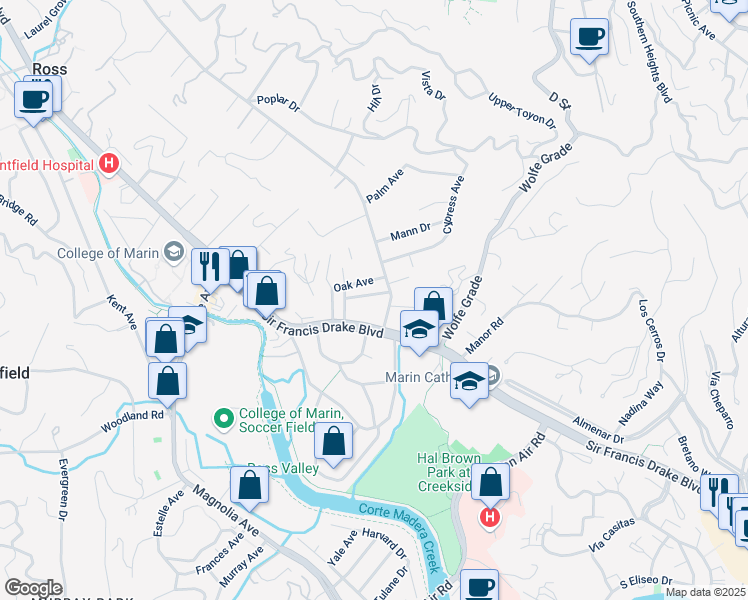 map of restaurants, bars, coffee shops, grocery stores, and more near 5 Inman Avenue in Kentfield