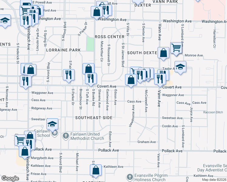 map of restaurants, bars, coffee shops, grocery stores, and more near 1613 Edson Avenue in Evansville