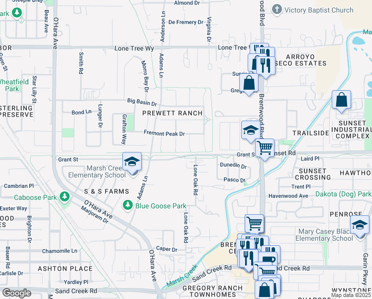 map of restaurants, bars, coffee shops, grocery stores, and more near 1949 Crowley Court in Brentwood