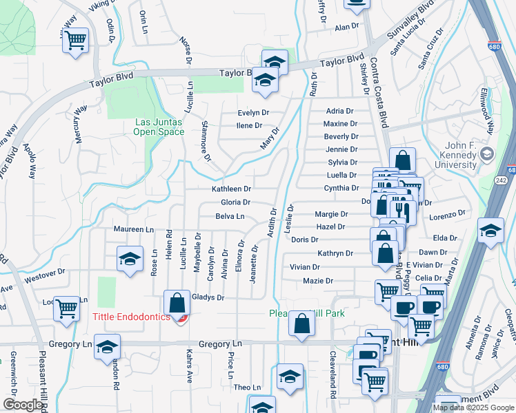 map of restaurants, bars, coffee shops, grocery stores, and more near 277 Gloria Drive in Pleasant Hill