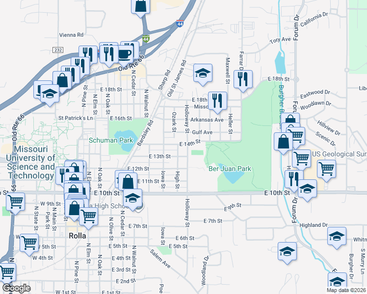 map of restaurants, bars, coffee shops, grocery stores, and more near 806 East 14th Street in Rolla