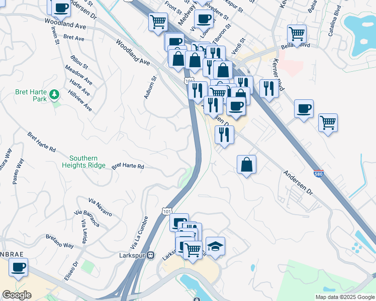 map of restaurants, bars, coffee shops, grocery stores, and more near 123 Altena Street in San Rafael