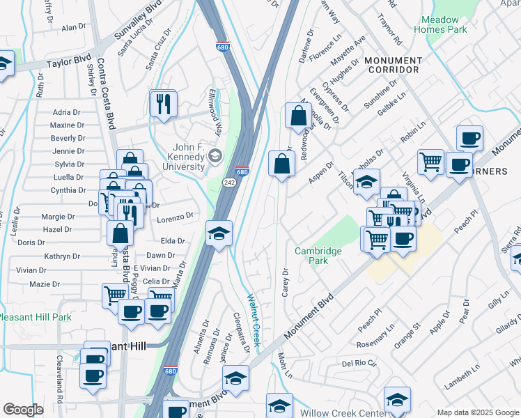 map of restaurants, bars, coffee shops, grocery stores, and more near 1241 Brookview Drive in Concord