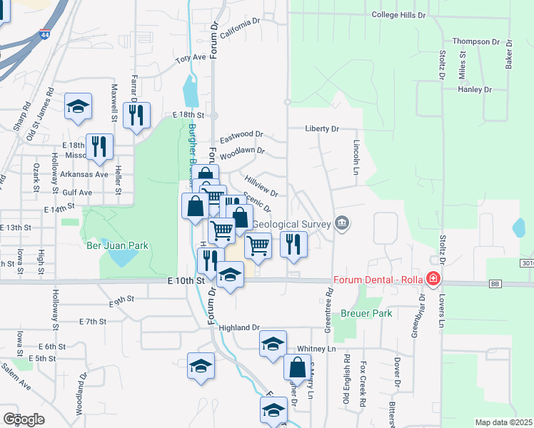 map of restaurants, bars, coffee shops, grocery stores, and more near 1409 Scenic Drive in Rolla